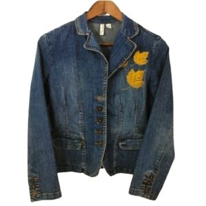 St. John's Bay Petite Stretch Gold Embroidered Blue Jean Jacket Button-down Coat